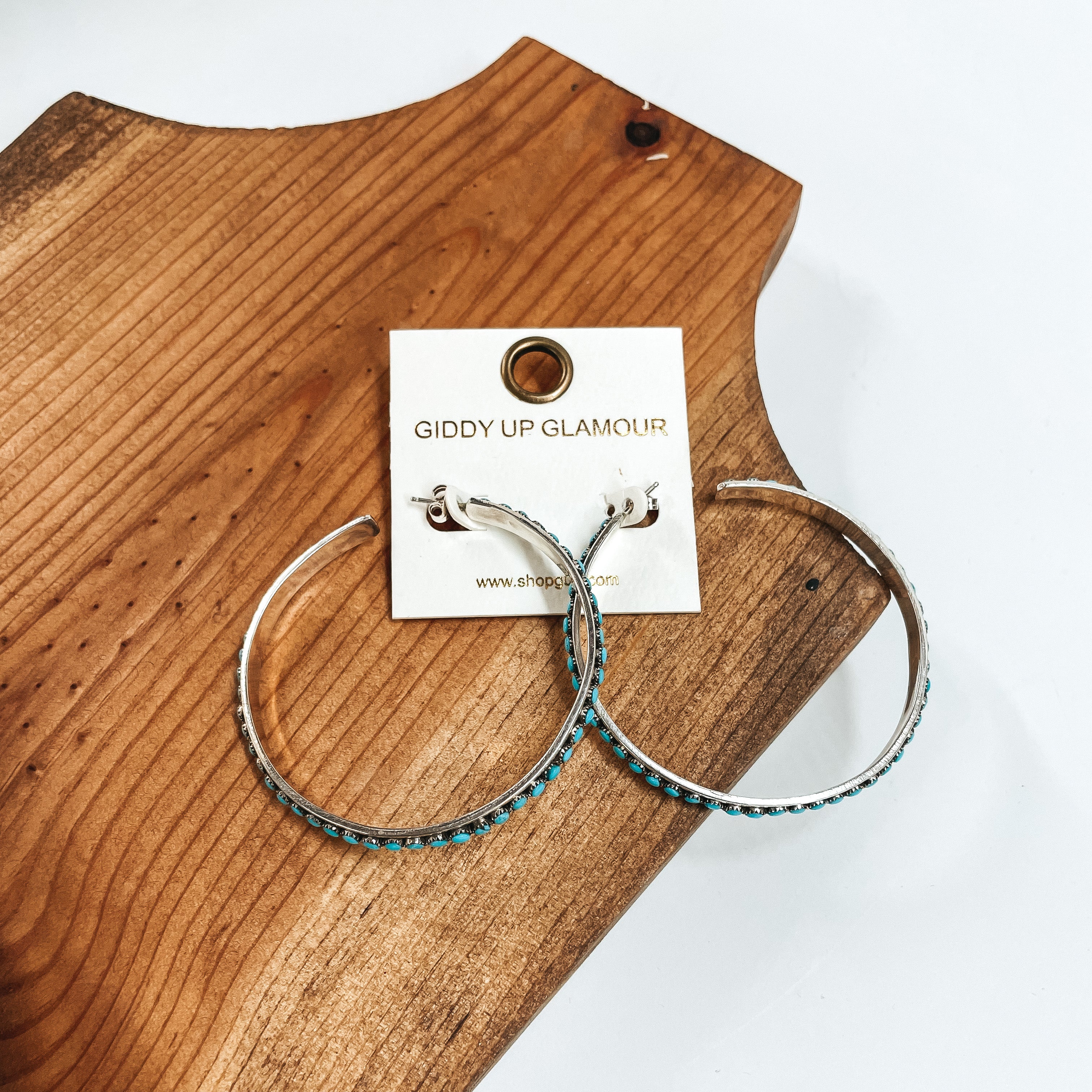 Lois Tzuni | Navajo Handmade Sterling Silver and Turquoise Stone Hoop Earrings - Giddy Up Glamour Boutique