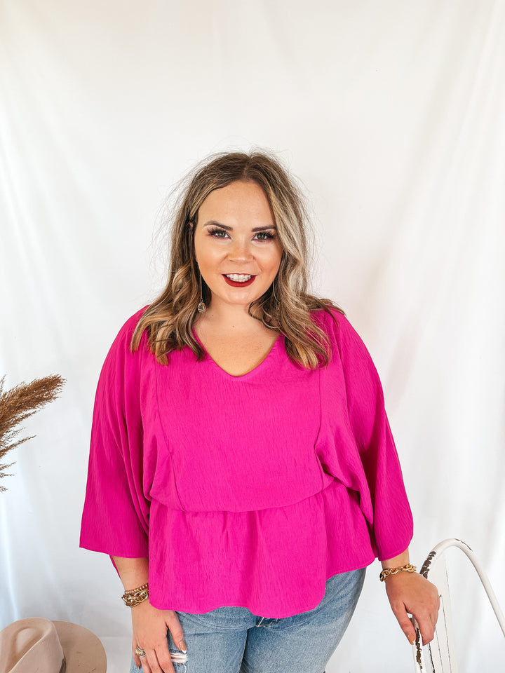 Switch It Up 3/4 Drop Sleeve Peplum Blouse in Fuchsia Pink - Giddy Up Glamour Boutique