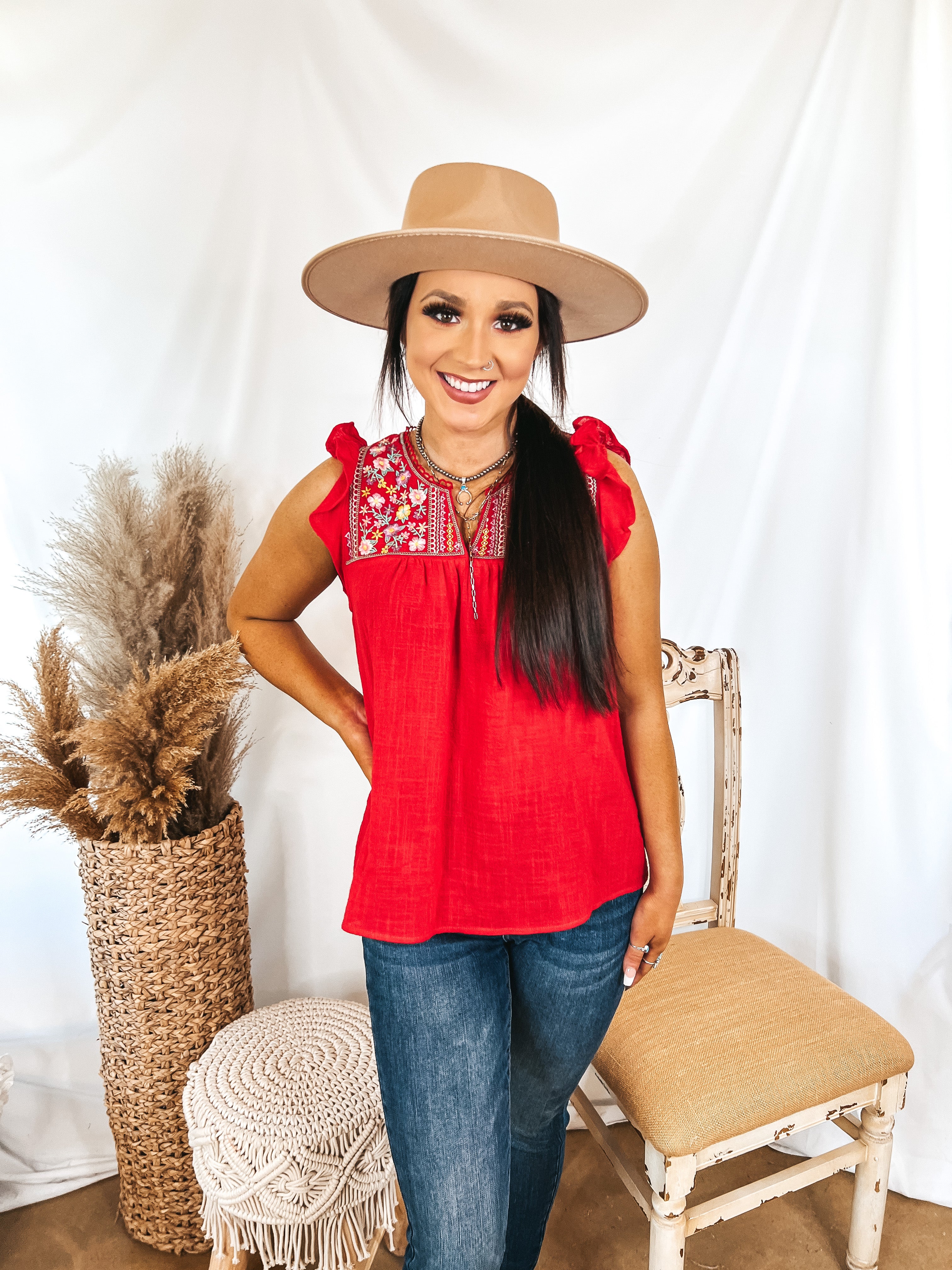 Sunny Perspective Ruffle Cap Sleeve Top with Embroidered Yoke in Red - Giddy Up Glamour Boutique