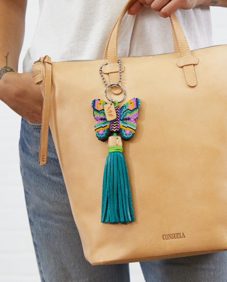 Consuela | Aqua Butterfly with Himalayan Fringe Chaquira Hand Beaded Bag Charm