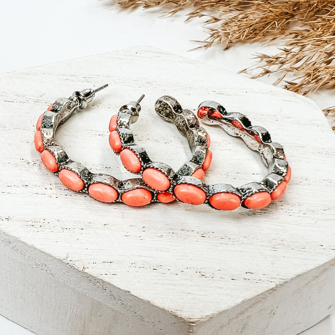Western Semi Hoop Earrings in Silver with Light Pink Stones, with pompous grass in the top right hand corner, on a white background.