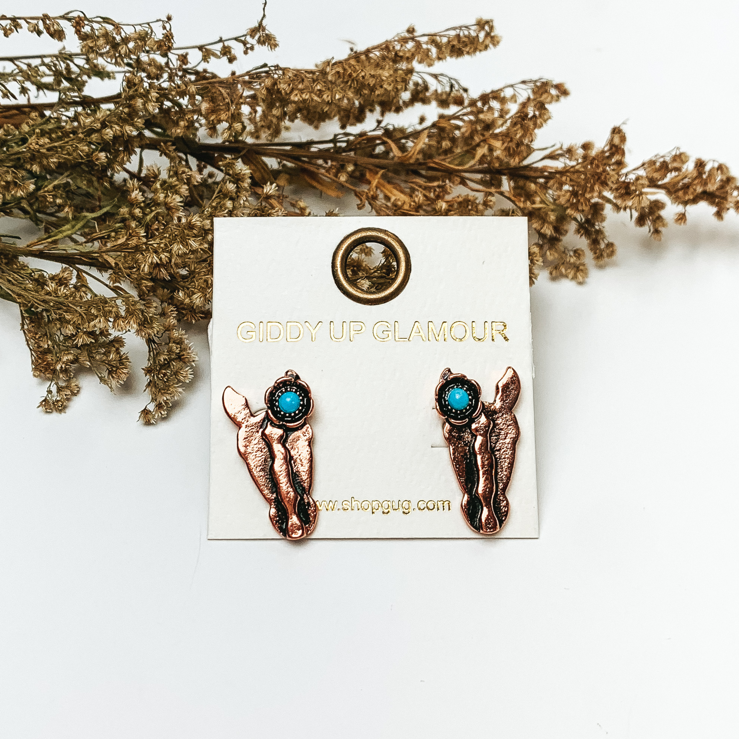 Horse Head Post Earrings in Copper Tone with Faux Turquoise Stone - Giddy Up Glamour Boutique