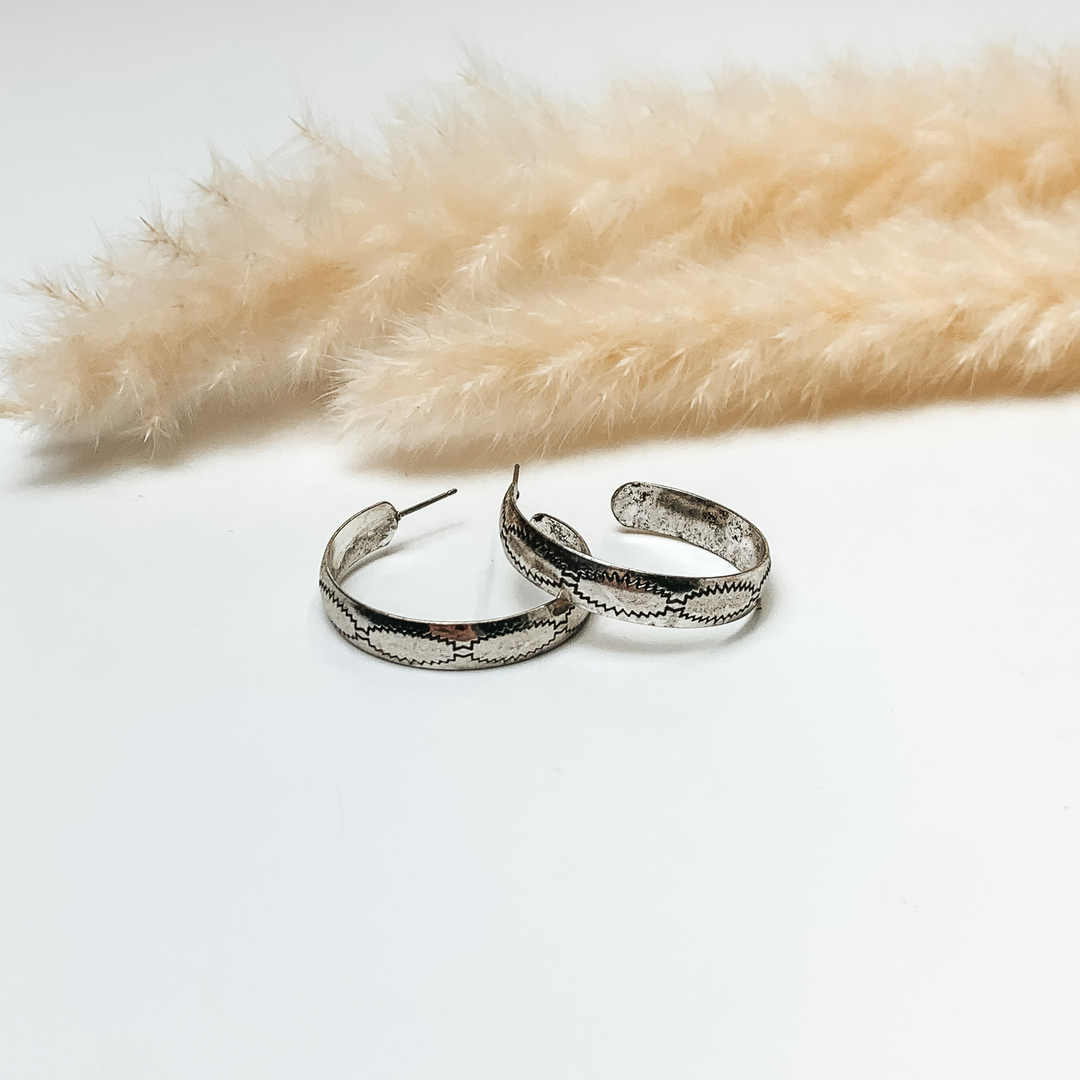 Aztec Engraved Hoop Earrings in Silver Tone - Giddy Up Glamour Boutique