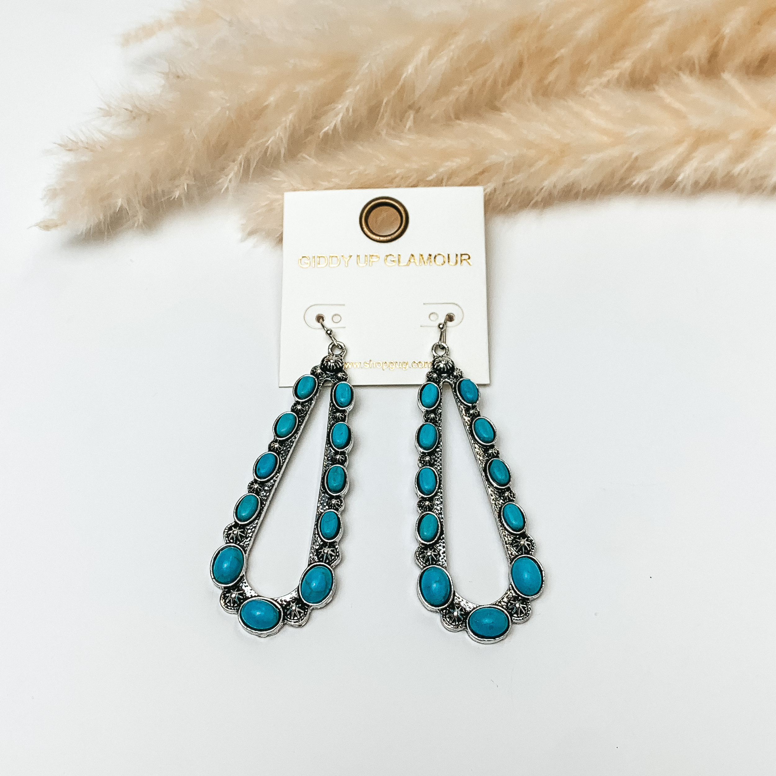 Western Design Silver Tone Teardrop Earrings with Turquoise Stones - Giddy Up Glamour Boutique