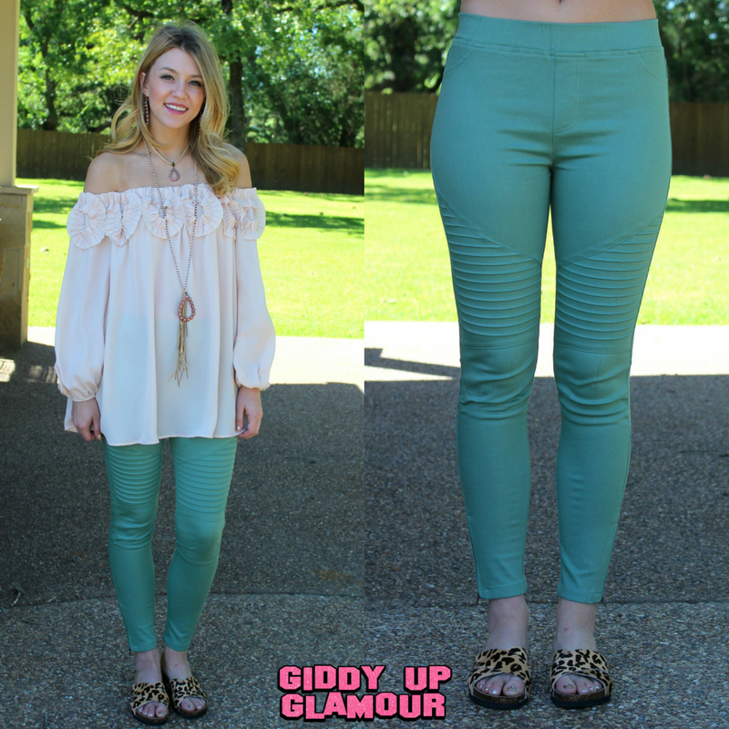 Last Chance Size Small | Downright Darling Moto Jeggings in Green - Giddy Up Glamour Boutique