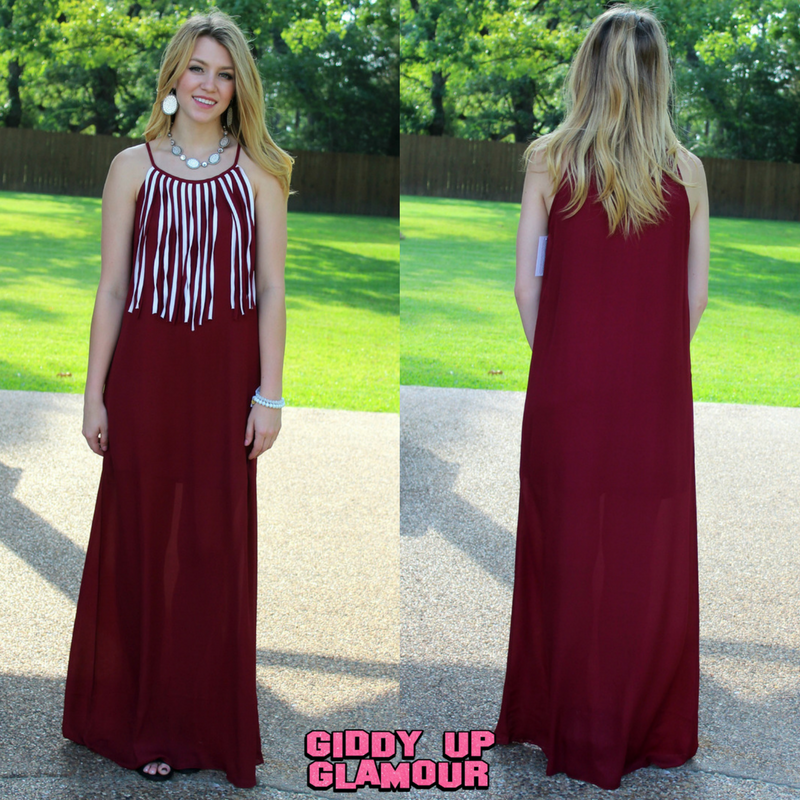 Last Chance Size Small | I'm So Fringy Maxi Dress in Maroon & White - Giddy Up Glamour Boutique
