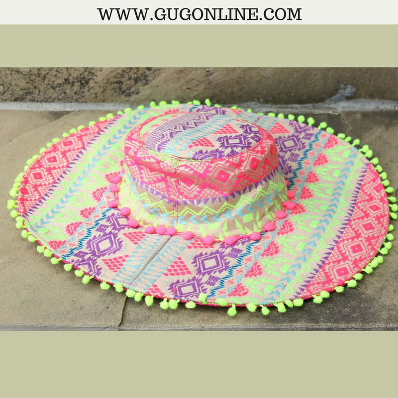 The Kennedi Hat - Neon Pink and Yellow Floppy Hat with Pom Trim - Giddy Up Glamour Boutique