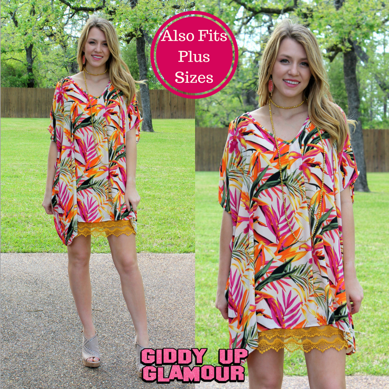 Pretty Little Thing Sheer Open Shoulder Tunic in Tropical Palm - Giddy Up Glamour Boutique
