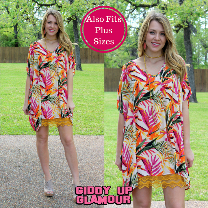 Pretty Little Thing Sheer Open Shoulder Tunic in Tropical Palm - Giddy Up Glamour Boutique