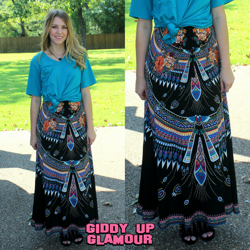 Unique Vibes Floral & Aztec Print Maxi Skirt in Black - Giddy Up Glamour Boutique