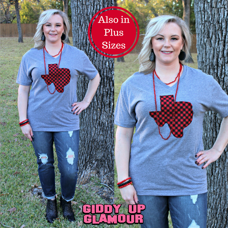 Last Chance Size Small | Red Buffalo Plaid Texas Short Sleeve Tee in Grey - Giddy Up Glamour Boutique