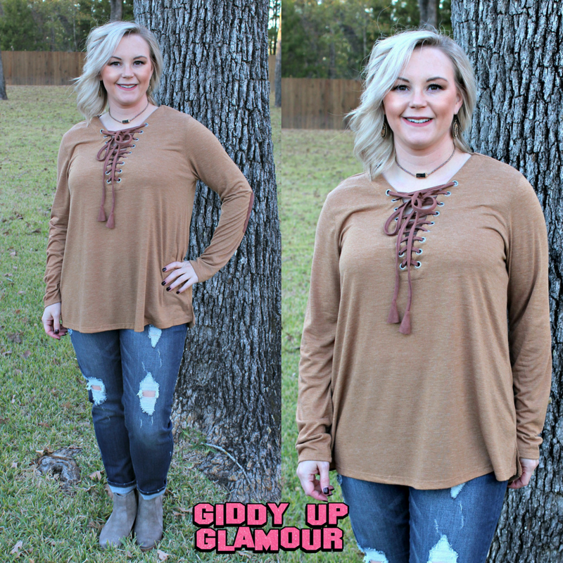 Last Chance Size Small | Let's Patch It Up Long Sleeve Top with Elbow Patches and Drawstring Neckline in Brown - Giddy Up Glamour Boutique