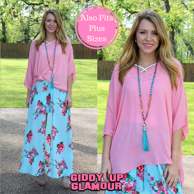 Last Chance Size Large | On The Line Sheer Oversized Poncho Top in Coral - Giddy Up Glamour Boutique