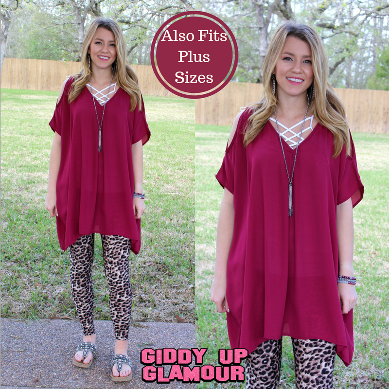 Pretty Little Thing Sheer Open Shoulder Tunic in Maroon - Giddy Up Glamour Boutique