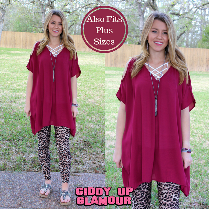 Pretty Little Thing Sheer Open Shoulder Tunic in Maroon - Giddy Up Glamour Boutique