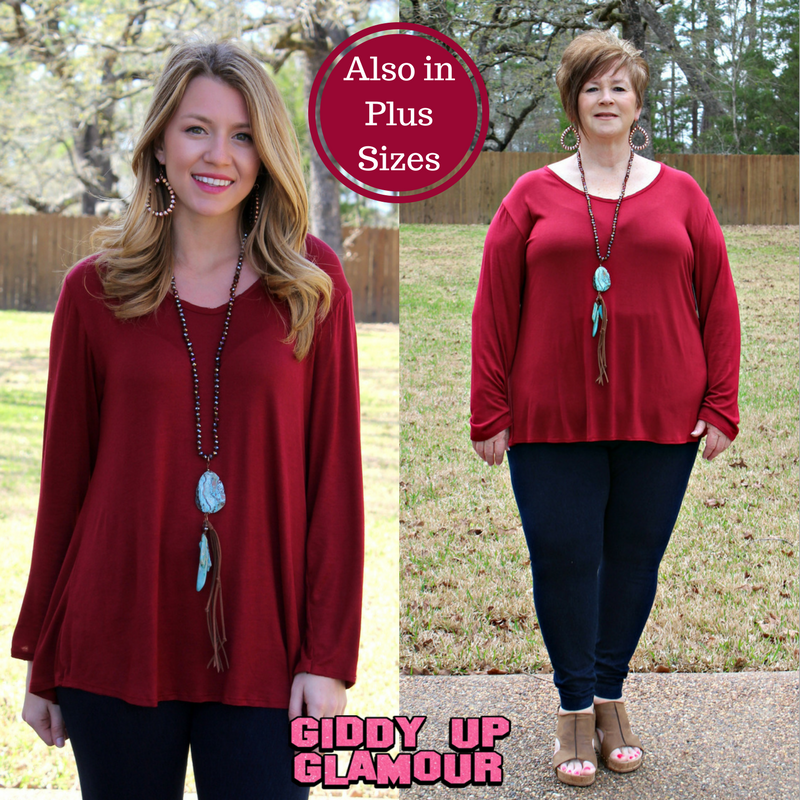 Ever So Casual Long Sleeve Top in Maroon - Giddy Up Glamour Boutique