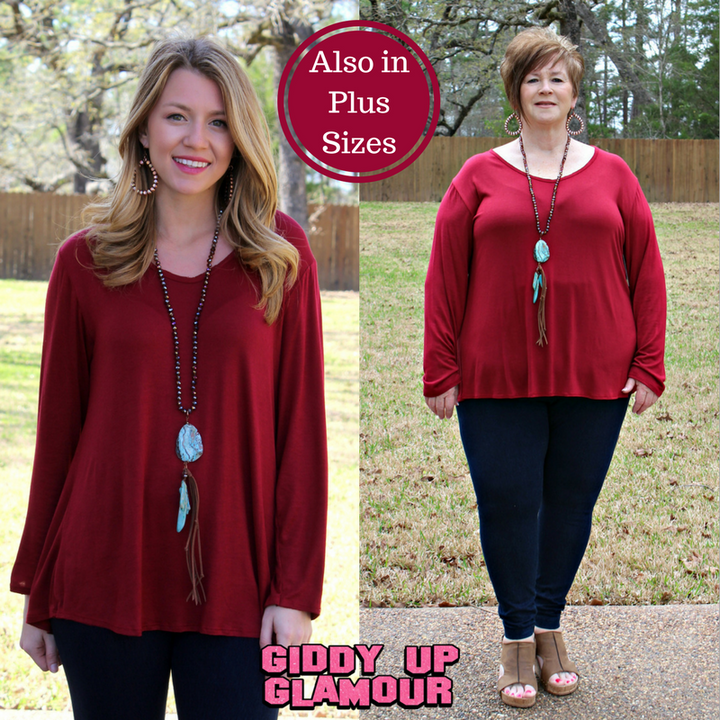 Ever So Casual Long Sleeve Top in Maroon - Giddy Up Glamour Boutique