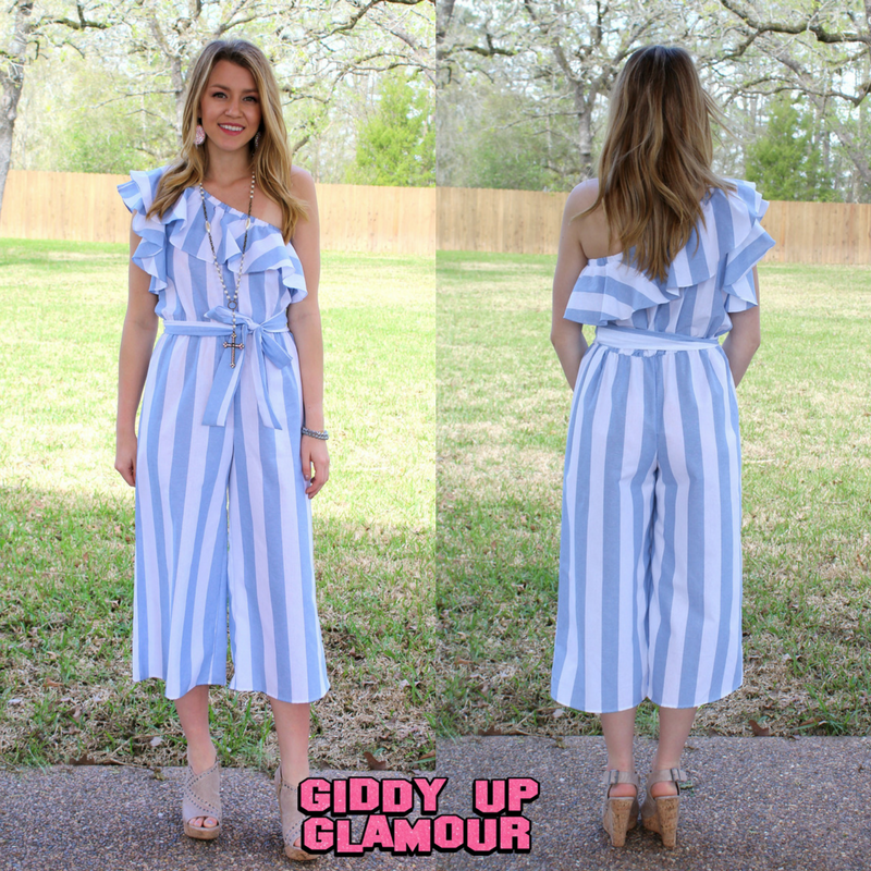 Last Chance Size S & L | Looking My Way One Shoulder Jumpsuit in Blue Stripe - Giddy Up Glamour Boutique