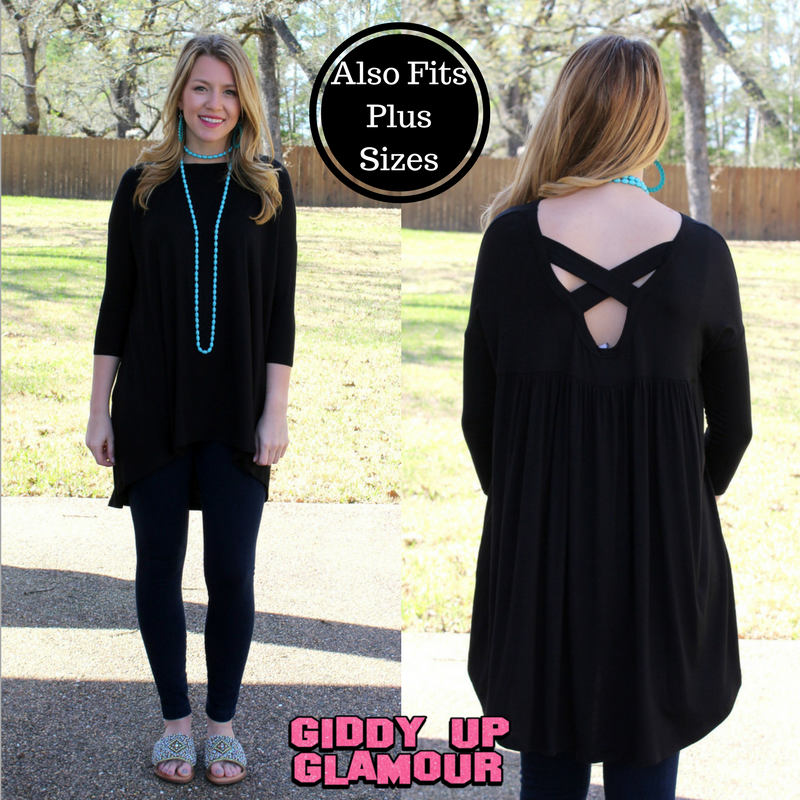 Last Chance Size Small | Casual Love Tunic Top with Criss Cross Back Detail in Black - Giddy Up Glamour Boutique