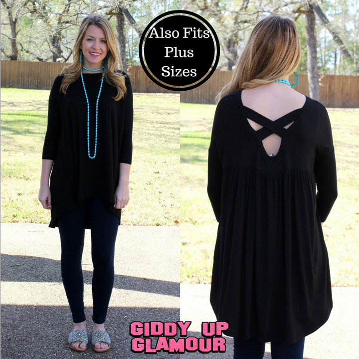 Last Chance Size Small | Casual Love Tunic Top with Criss Cross Back Detail in Black - Giddy Up Glamour Boutique