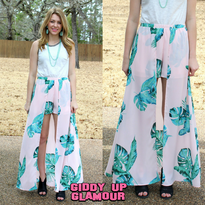 Palm Perfect Palm Leaf Maxi Skort in Light Pink - Giddy Up Glamour Boutique