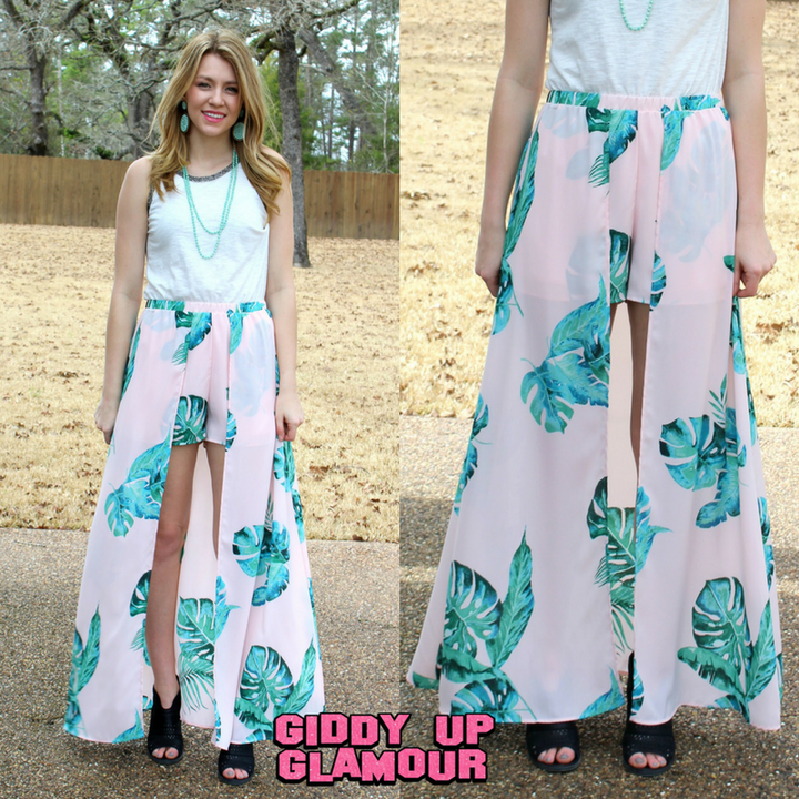 Palm Perfect Palm Leaf Maxi Skort in Light Pink - Giddy Up Glamour Boutique