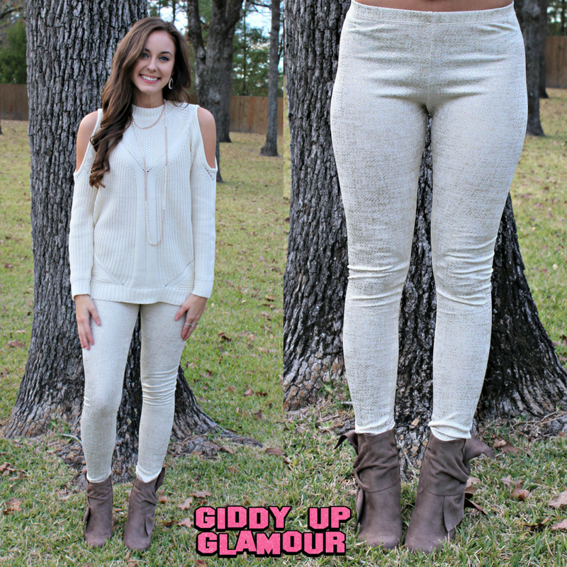 Star Struck Gold Foil Leggings in Ivory - Giddy Up Glamour Boutique