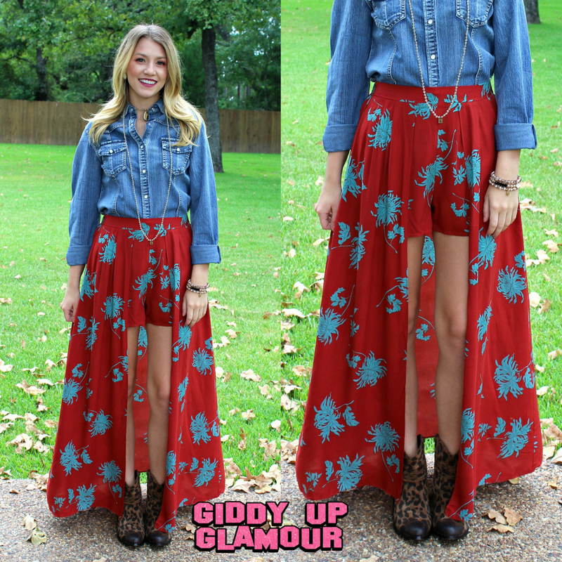 Perfect Compliment Red and Turquoise Floral Maxi Skirt - Giddy Up Glamour Boutique