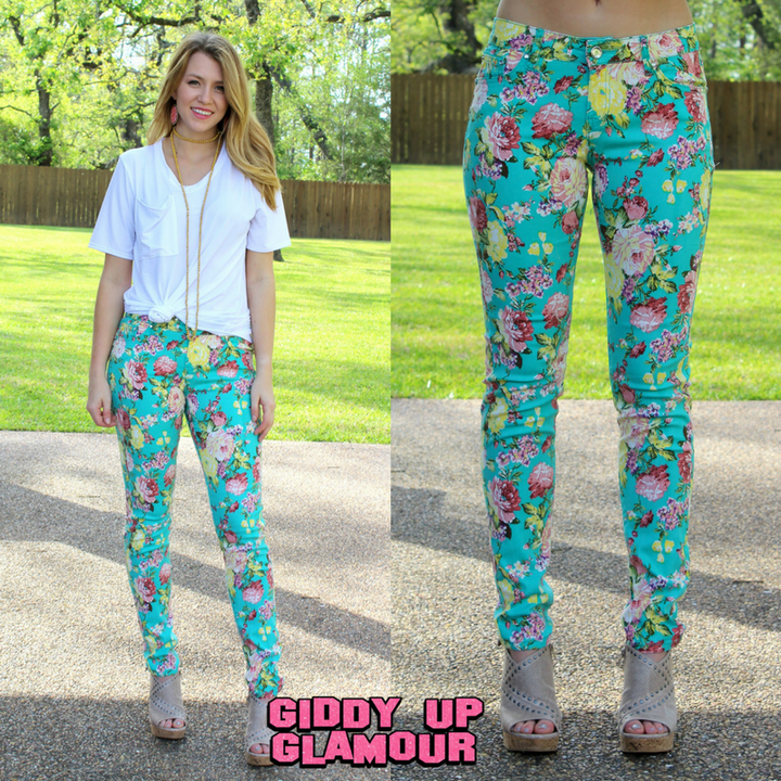 Last Chance Size 1 & 3 | In Full Bloom Floral Printed Pants in Mint - Giddy Up Glamour Boutique