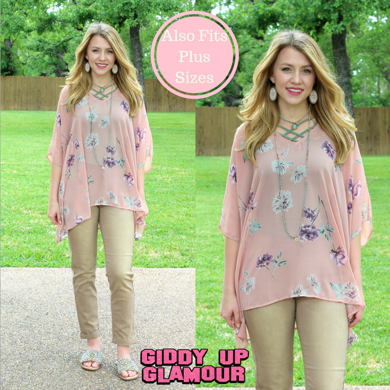 Sure Thing Sheer Floral Print Oversized Poncho Top in Dusty Pink - Giddy Up Glamour Boutique