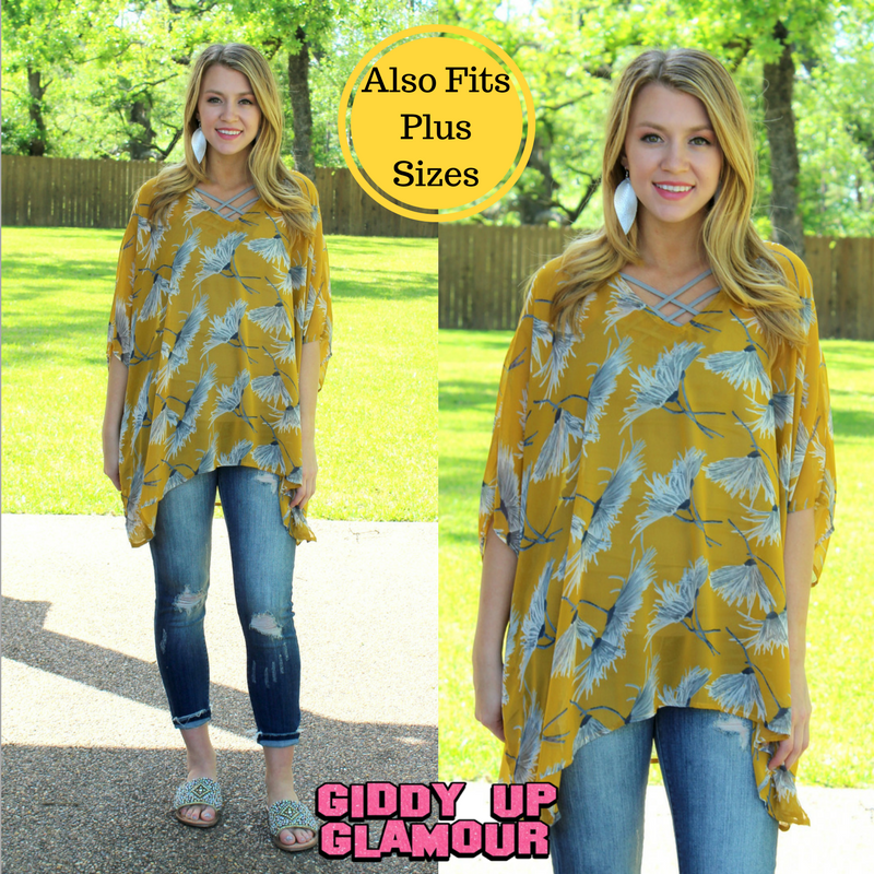 Last Chance Size Small | Sure Thing Sheer Floral Oversized Poncho Top in Mustard Yellow - Giddy Up Glamour Boutique