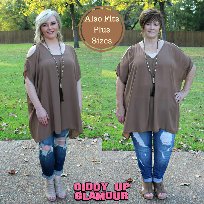 Last Chance Size Small | Pretty Little Thing Sheer Open Shoulder Tunic in Mocha - Giddy Up Glamour Boutique