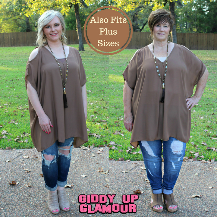 Last Chance Size Small | Pretty Little Thing Sheer Open Shoulder Tunic in Mocha - Giddy Up Glamour Boutique