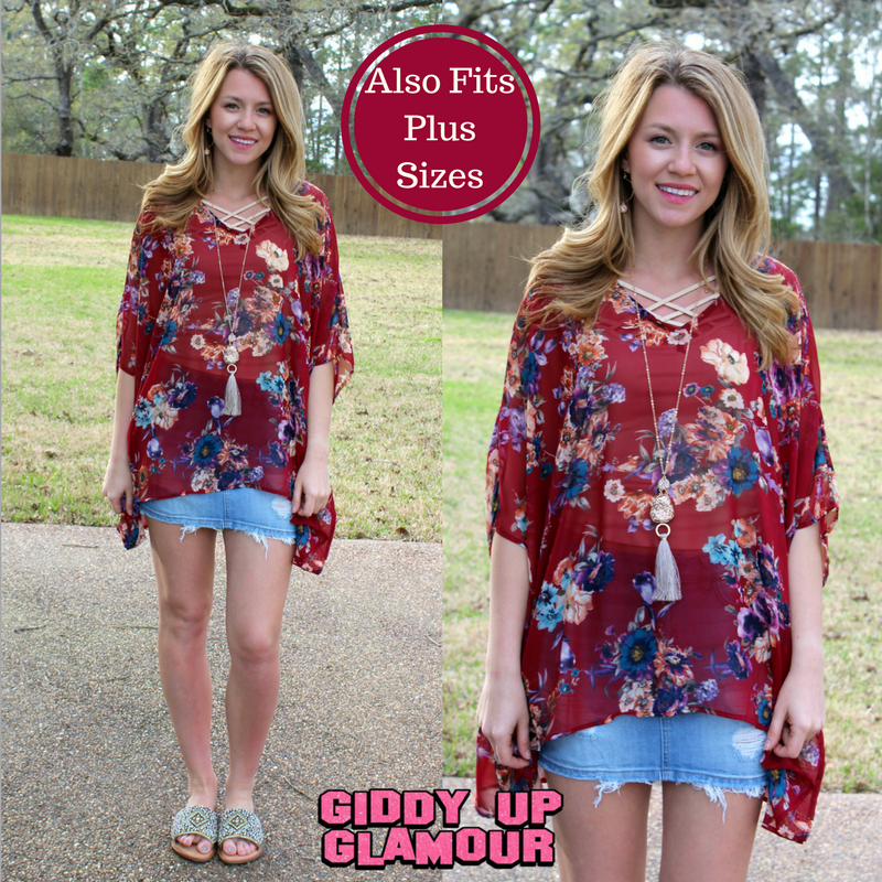 Last Chance Size Medium & Large | Sure Thing Sheer Floral Oversized Poncho Top in Maroon - Giddy Up Glamour Boutique