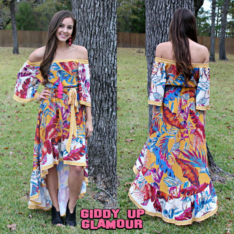 Last Chance Size Small & Med. | Hidden Paradise Palm Leaf Print Dress in Mustard - Giddy Up Glamour Boutique