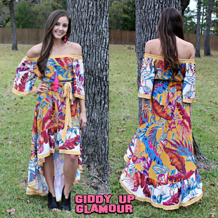 Last Chance Size Small & Med. | Hidden Paradise Palm Leaf Print Dress in Mustard - Giddy Up Glamour Boutique