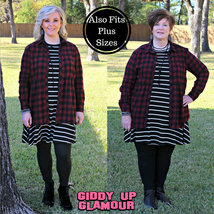 Seasonal Favorite Long Sleeve Peplum Plaid Shirt in Maroon - Giddy Up Glamour Boutique