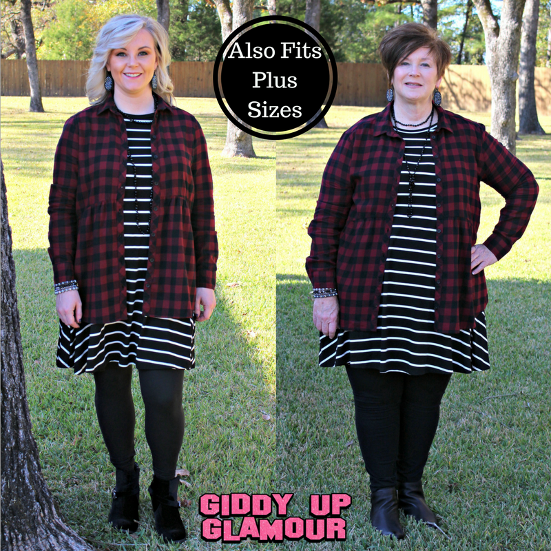 Seasonal Favorite Long Sleeve Peplum Plaid Shirt in Maroon - Giddy Up Glamour Boutique