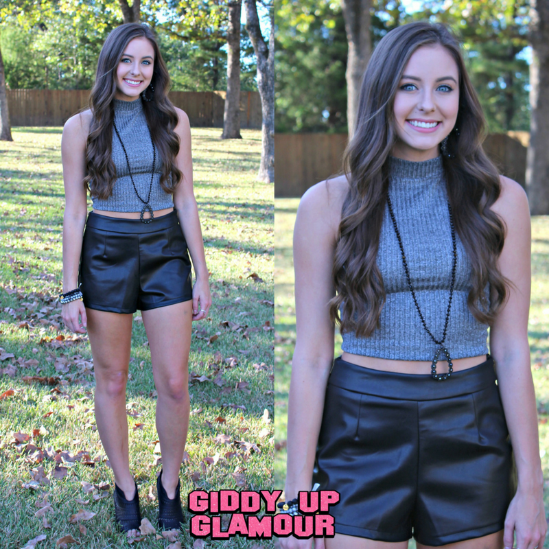 Last Chance Size Medium | All About Me Ribbed High Neck Crop Top in Charcoal Grey - Giddy Up Glamour Boutique