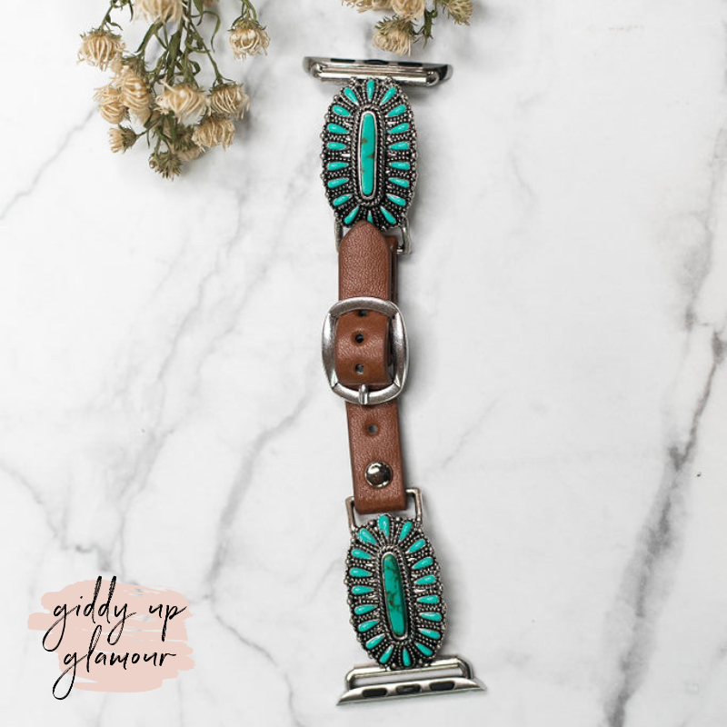 Brown Apple Watch Band with Oval Turquoise Clusters - Giddy Up Glamour Boutique