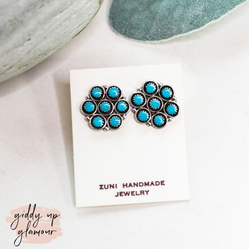 Zuni | Zuni Handmade 7 Point Sleeping Beauty Turquoise Flower Stud Earrings - Giddy Up Glamour Boutique