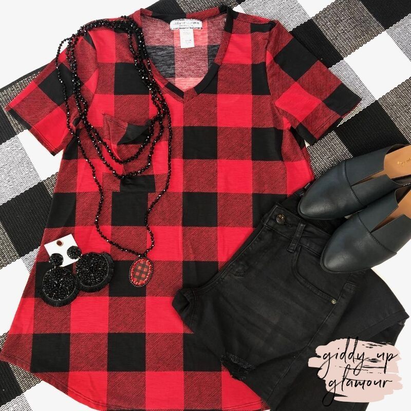 Last Chance Size Small | Just Right Short Sleeve Buffalo Plaid Print Pocket Tee in Red - Giddy Up Glamour Boutique