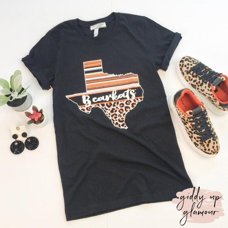 SHSU | Serape & Cheetah Texas Shape Bearkats Logo Short Sleeve Tee Shirt in Black - Giddy Up Glamour Boutique