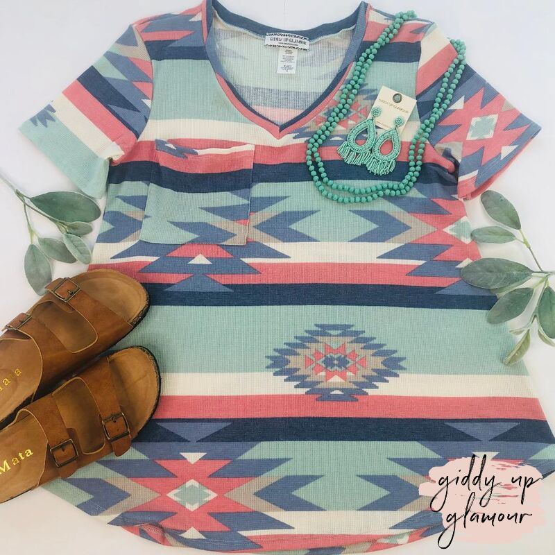 Just Right Short Sleeve Aztec Print Pocket Tee in Mint & Coral - Giddy Up Glamour Boutique