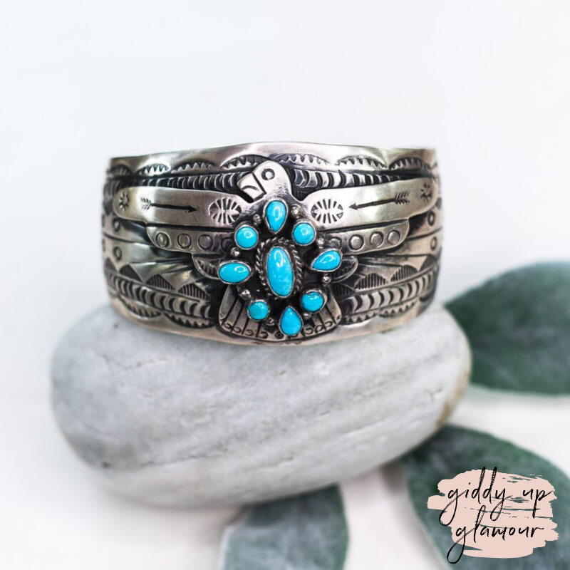 Marcella James | Navajo Handmade Sterling Silver Thunderbird Cuff Bracelet with Turquoise Cluster - Giddy Up Glamour Boutique
