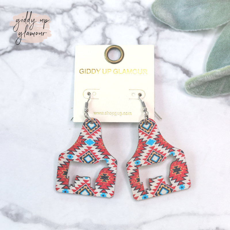 Cattle Tag Wooden Earrings in Red Aztec - Giddy Up Glamour Boutique