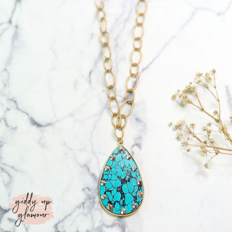 Pink Panache Gold Chain Necklace with Teardrop Crackle Turquoise Pendant and AB Crystals - Giddy Up Glamour Boutique