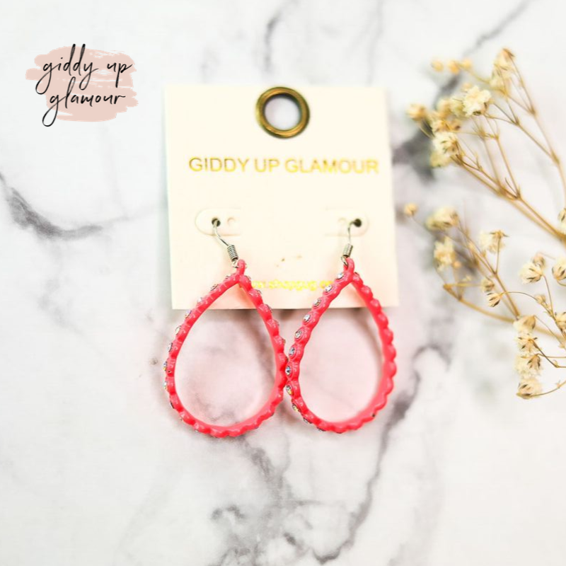 Small Teardrop Earrings with AB Crystal Outline in Neon Pink - Giddy Up Glamour Boutique