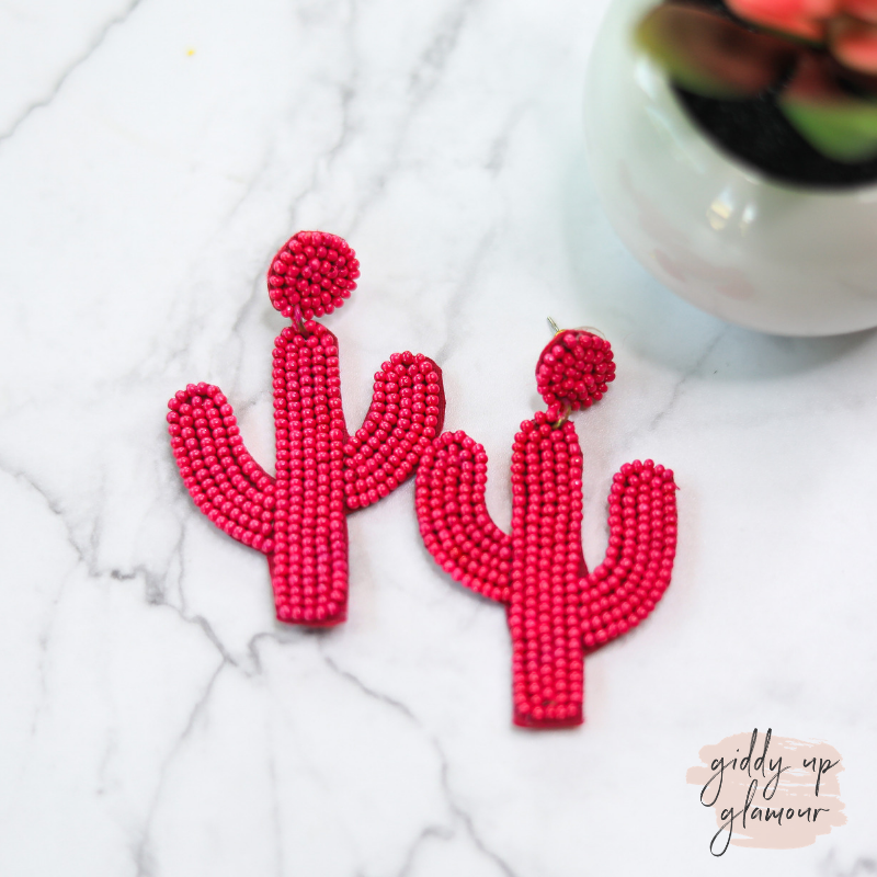 Seed Bead Cactus Earrings in Fuchsia - Giddy Up Glamour Boutique