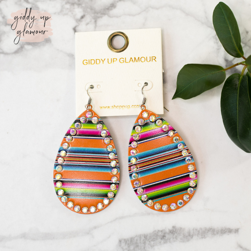Serape Teardrop Earrings with Crystal Trim in Orange - Giddy Up Glamour Boutique